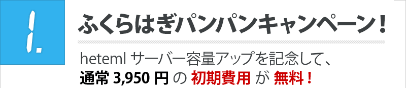 1. ふくらはぎパンパンキャンペーン! hetemlサーバー容量アップを記念して、通常3,950円 の 初期費用 が 無料 !