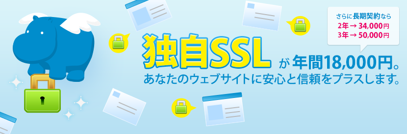 独自SSLが年間18,000円。あなたのウェブサイトに>安心と信頼をプラスします。
